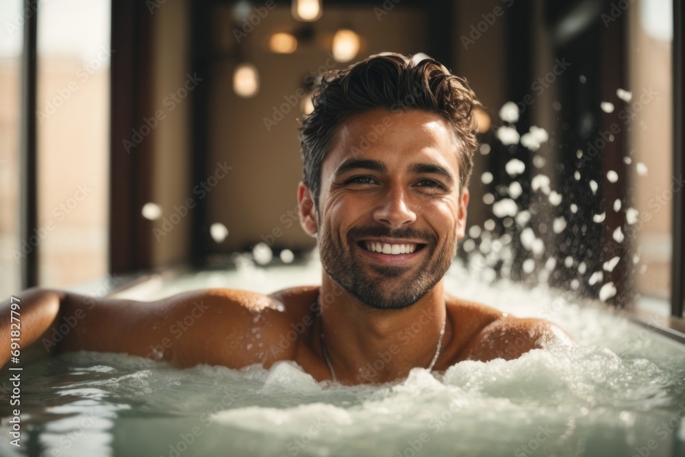 A handsome smiling brunette man washes in the bathroom, relaxes.