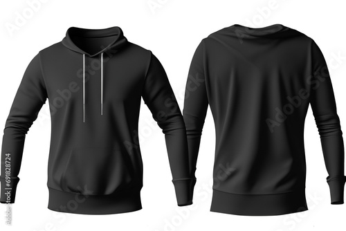 Set of Black front and back view tee hoodie hoody sweatshirt on transparent background cutout, PNG file. Mockup template for artwork graphic design photo