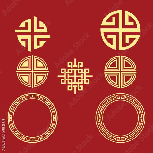 chinese ornaments, rectangle and circle design collections on red background