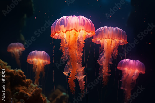 ballet of elegantly dancing jellyfish  in an underwater cave © artefacti