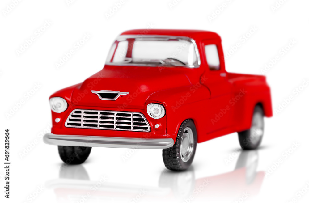  classic red toy truck is highlighted on a white background