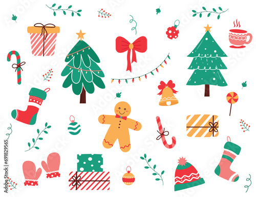 set of christmas elements icons. Concept illustration for Christmas cards, stickers and prints with cute icons on white background.