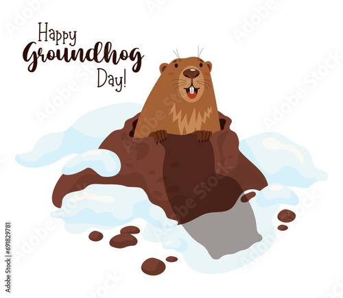 Cute smiling groundhog looks out of snowy hole. Sees shadow. Holiday card Happy Groundhog Day. February 2. Vector illustration