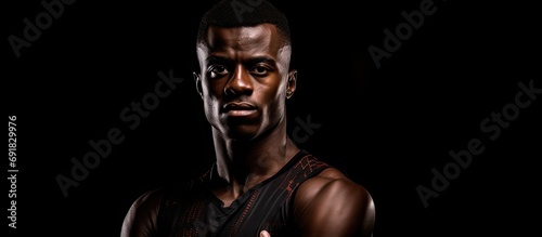 background, a young African man with a healthy lifestyle is seen, his hand wrapped in a black glittery band, determinedly training for fitness and sport, showcasing his strong and fit physique. The