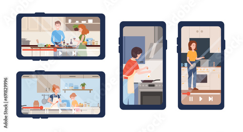 People enjoying cooking food together at kitchen vector set recording on phone screen, educational broadcast, blog