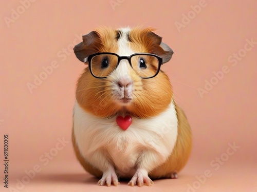 A guinea pig with glasses and a heart in her hands on a peach background. 