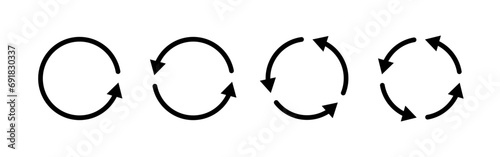 Circle arrow icons set. Round reload, restart, recycle and repeat symbol. One, two, three and four arrow in loop. Round reload sign, repeat icon. Vector illustration isolated on white background.