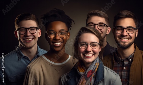Group of five diverse young adults smiling, wearing glasses, with a dark background.