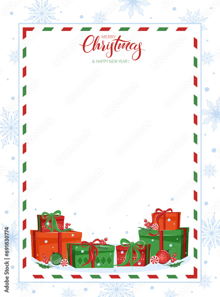 Blank greeting letter Merry Christmas and Happy New Year decorated with winter plants and snowflakes. Vector illustration Blank greeting letter Merry Christmas and Happy New Year decorated with winter plants and snowflakes. Vector illustration