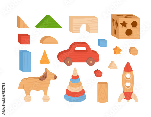 Set wooden toys icons made of natural wood, flat vector illustration isolated.