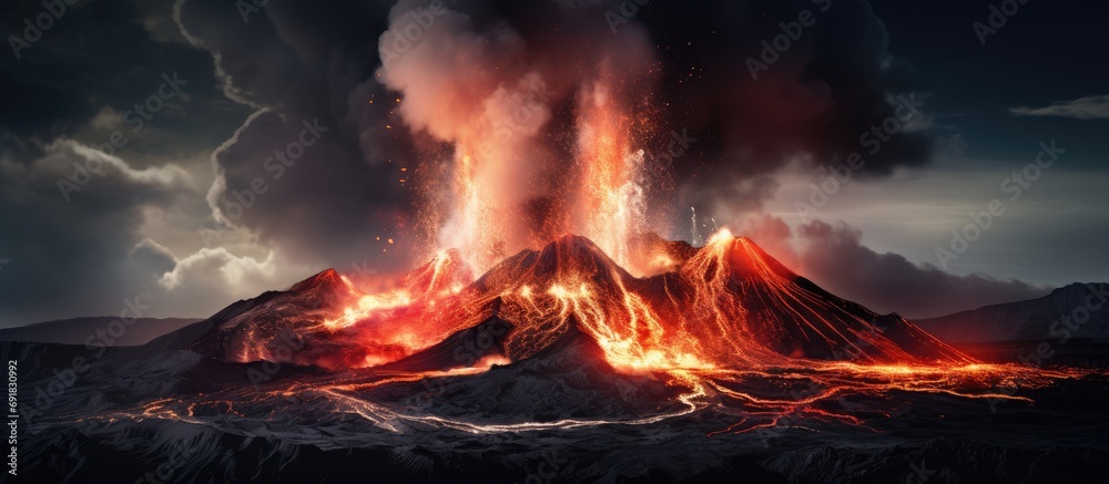 Iceland volcano erupts with lava fountains, flowing out of crater, releasing strong steam.