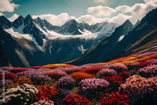 A high-altitude mountain plateau covered in a carpet of tiny, colorful flowers, with the vast expanse of peaks in the background.