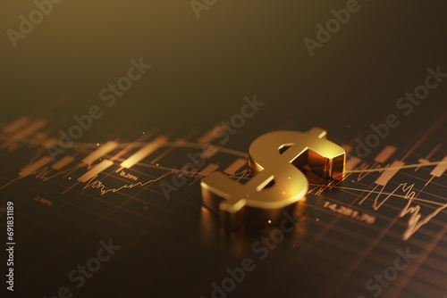 Gold dollar currency 3d sign money finance investment business market on economy financial chart growth trade exchange stock graph background of global wealth diagram cash rate profit banking concept. photo