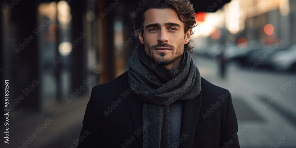 a man standing next to a street with a scarf, generative AI a man standing next to a street with a scarf, generative AI
