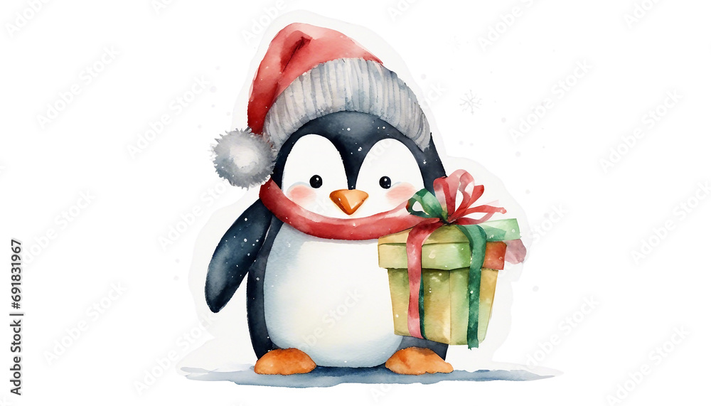 christmas penguin with gift watercolor design christmas penguin with gift watercolor design