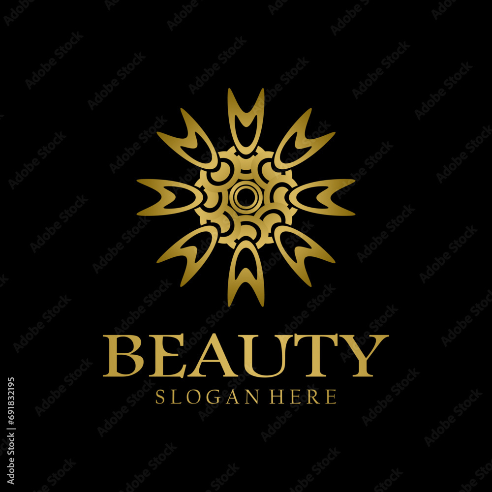 Elegant abstract tree leaf flower logo icon vector design. Universal creative premium symbol. Luxury gem boutique vector sign in gold color. Elegant abstract tree leaf flower logo icon vector design. Universal creative premium symbol. Luxury gem boutique vector sign in gold color.