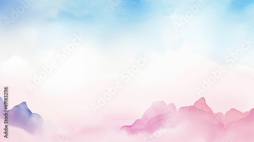  watercolor pastel pink with tranquil sky blue,A serene pink and blue sky with fluffy clouds and a majestic mountain in the background. Perfect for nature-themed designs, travel brochures, inspiration © Planetz