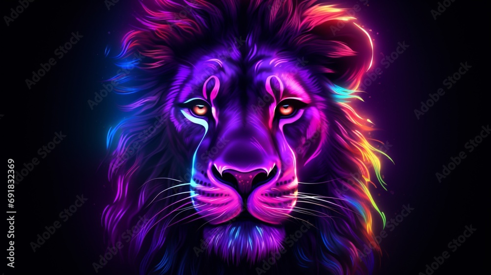 Lion face Neon light animal pictures Generative artificial intelligence