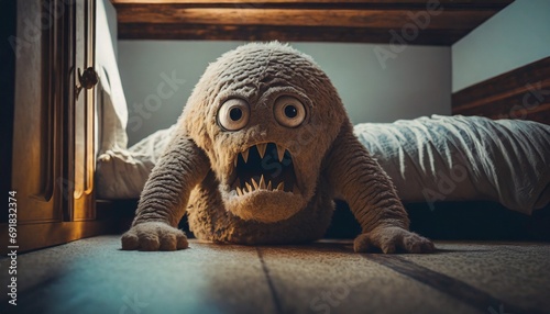 monster under the bed, childhood fears in a funny stuffed animal look 