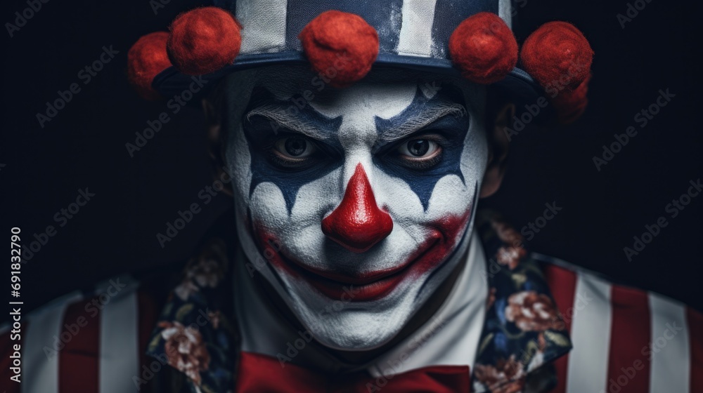 A close up of a clown with red and white makeup. Generative AI.