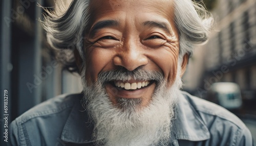 very old man with wrinkles and gray hair, long gray beard, happy and content, laughing and smiling face, closeup of contentment photo