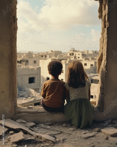 Two children sit in a window looking out at a destroyed city. Generative AI.