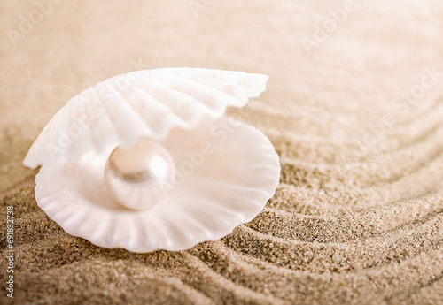 seashell with pearls on a sandy beach with a place for text