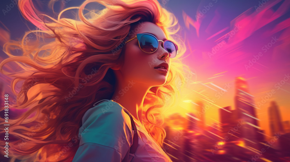 Illustration of portrait of a young woman in bustling skyscraper city with sunset colors and hair blowing in the wind