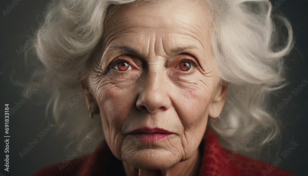 an old woman, 70s, marked by life, wrinkles and gray hair, dark red circles under the eyes, irritated an old woman, 70s, marked by life, wrinkles and gray hair, dark red circles under the eyes, irritated