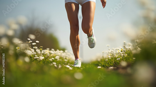 Legs of a female runner jogging in flower field in spring season afternoon photo