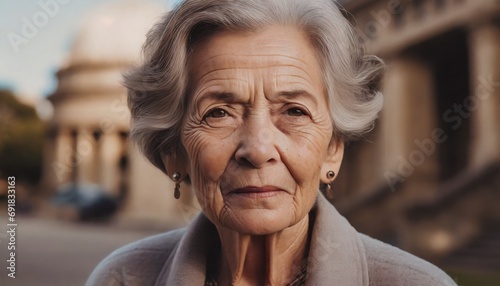 an old woman, 70s, marked by life, wrinkles and gray hair, dark red circles under the eyes, irritated photo