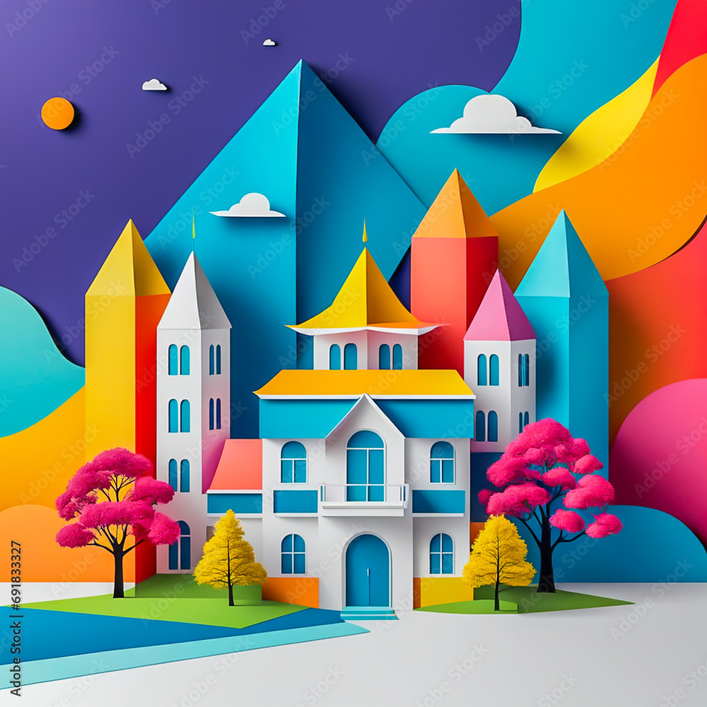 Paper art building illustration on the abstract background.	