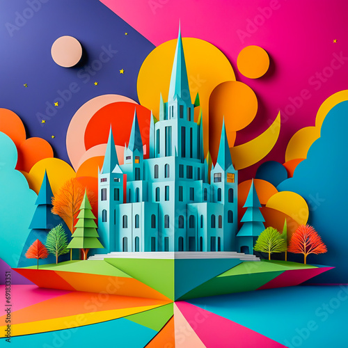 Paper art building illustration on the abstract background. 