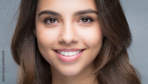  closeup front-view young adult woman, beautiful face, youthful look, mouth