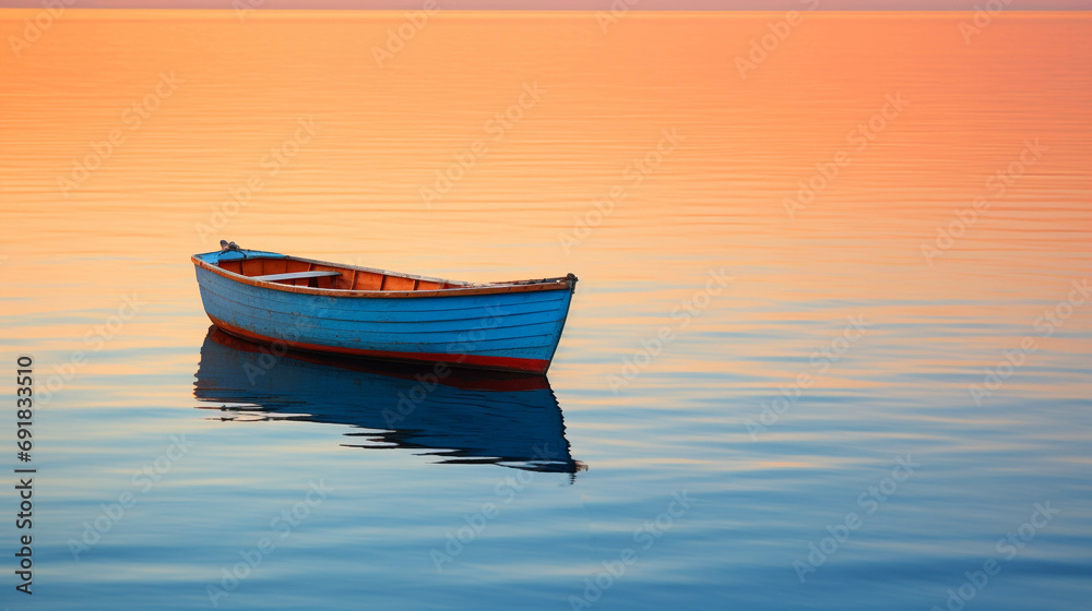 Naklejka premium A wooden boat floating in the calm river is soothing.