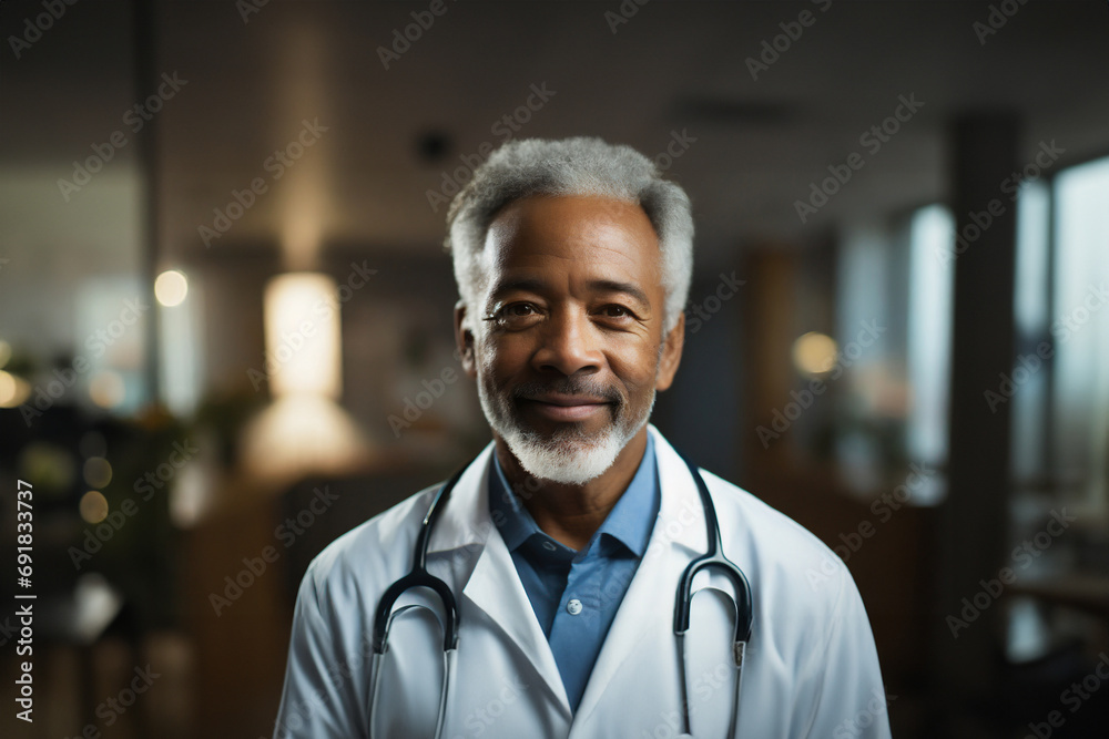 Mature older adult man with gray hair, wearing white doctor's coat, Caucasian, old age and career in medicine, as a doctor