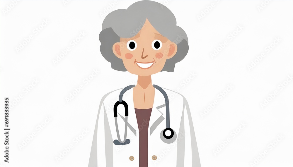 Fototapeta premium Mature older adult woman with gray hair, wearing white doctor's coat, Caucasian, old age and career in medicine