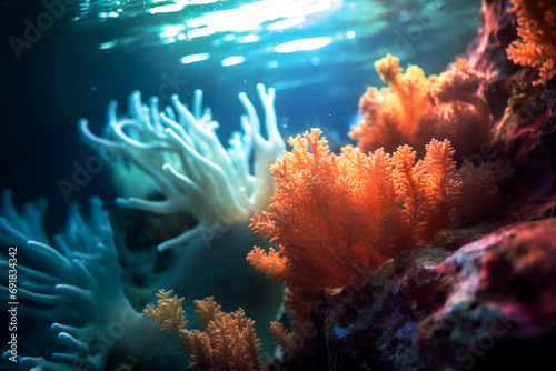 Underwater shot that captures the gentle movement of the water around the corals