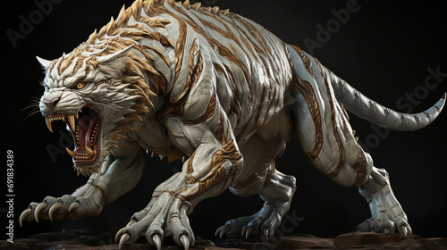 Smilodon Saber Tooth Tiger. Kicking up a spray of dirt, a massive smilodon. generative ai © Witri