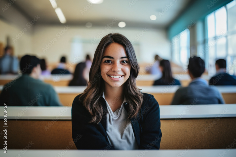 young adult woman or teenager, sitting in a school class or lecture hall in a school or university campus, joyful facial expression, tanned skin, smile, 20s young adult woman or teenager, sitting in a school class or lecture hall in a school or university campus, joyful facial expression, tanned skin, smile, 20s