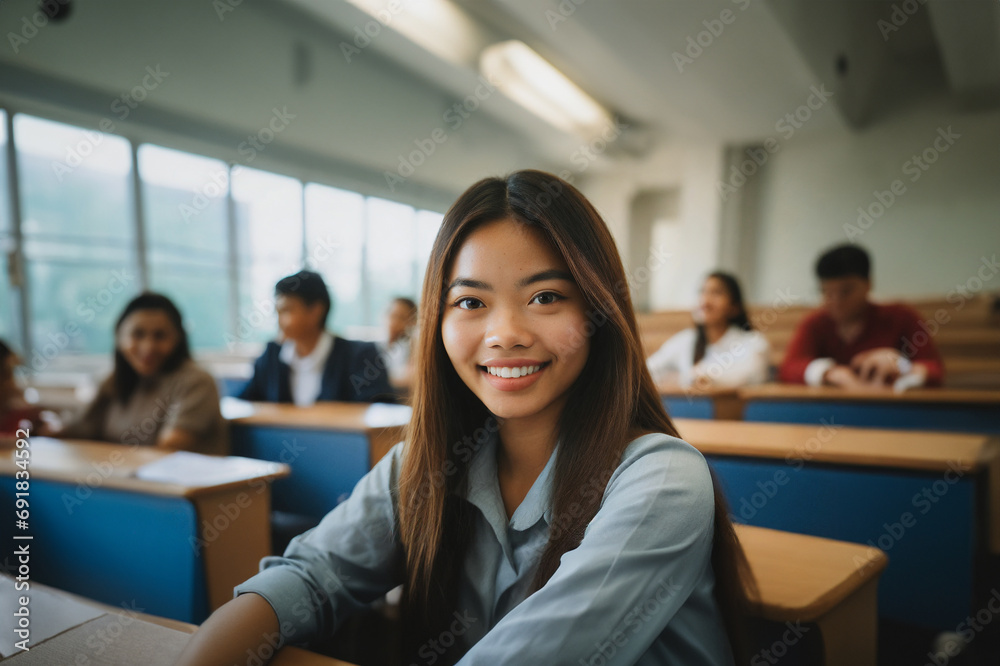 young adult woman or teenager, sitting in a school class or lecture hall in a school or university campus, joyful facial expression, tanned skin, smile, 20s young adult woman or teenager, sitting in a school class or lecture hall in a school or university campus, joyful facial expression, tanned skin, smile, 20s