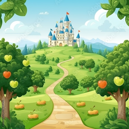 Kingdom. Cartoon castle on a hill. Realm. A fairytale castle. Game art. Apple trees. Game design. Royalty. A palace in the garden. Valley. Cartoonish art. Mobile game. Game map
