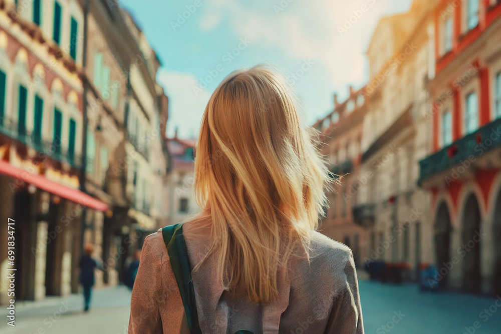 young adult woman travels, city trip old town, fictional place