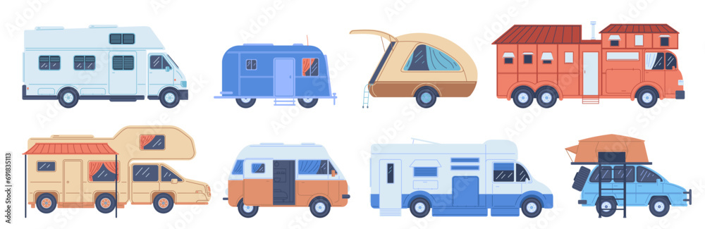 Camper van, trailer, hindcarriage for camping, transportable dwelling for road travel, journey vector isolated set
