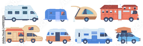 Camper van, trailer, hindcarriage for camping, transportable dwelling for road travel, journey vector isolated set