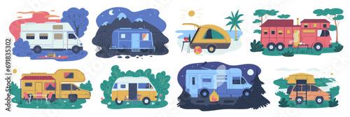 Camper van, trailer, hindcarriage on nature camping, transportable dwelling for road travel, journey vector isolated set