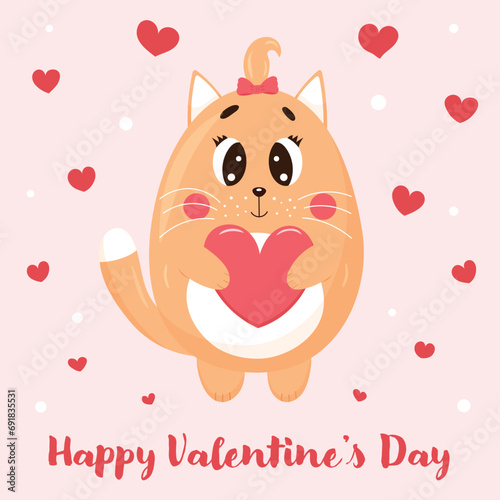 Cute cartoon cat girl with heart Valentine's day greeting card invitation Animal vector illustration