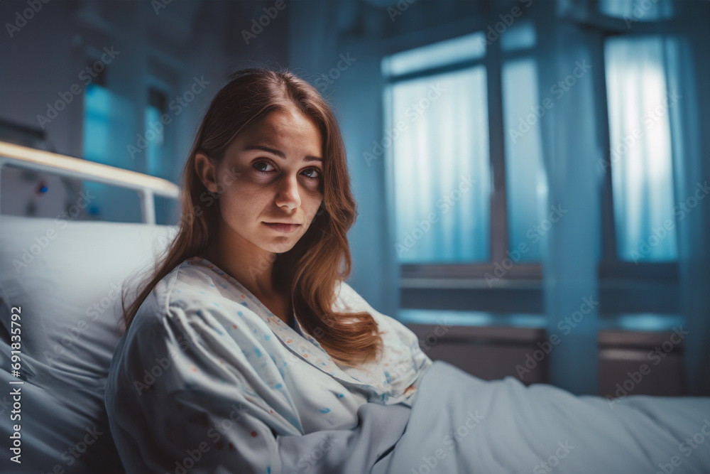 young woman in a hospital or psychiatric ward, fictional person and place with hospital bed young woman in a hospital or psychiatric ward, fictional person and place with hospital bed