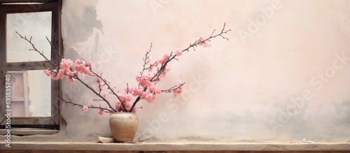 Blurry cherry blossom branch on a countryside clay wall and window, with a sense of desolation, showcasing rural tourism and exploring history. photo