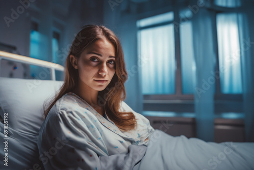young woman in a hospital or psychiatric ward, fictional person and place with hospital bed 